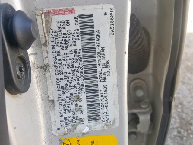 JTHBF30G620039795 - 2002 LEXUS ES 300 CREAM photo 10