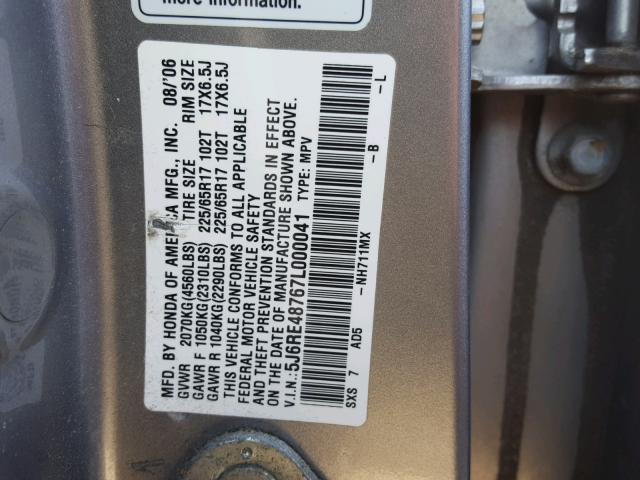 5J6RE48767L000041 - 2007 HONDA CR-V EXL BLUE photo 10