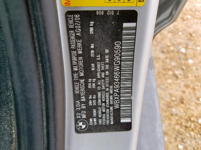 WBXPA93466WG90590 - 2006 BMW X3 3.0I SILVER photo 10