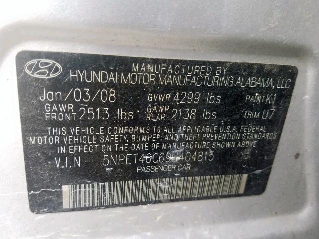 5NPET46C69H404815 - 2009 HYUNDAI SONATA GLS WHITE photo 10