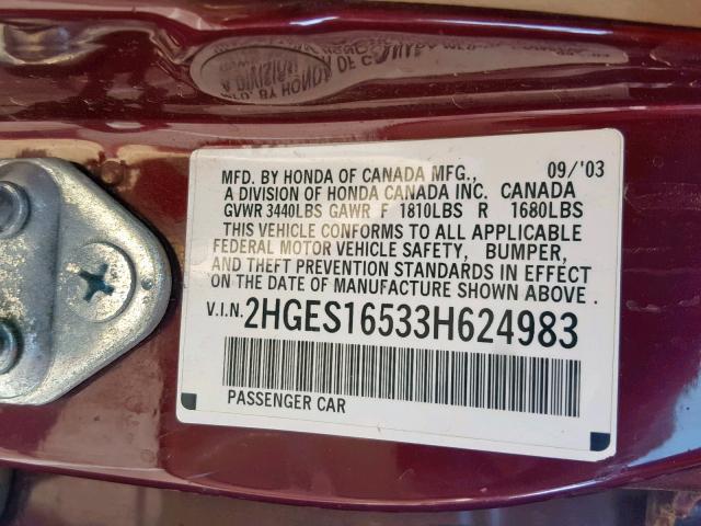 2HGES16533H624983 - 2003 HONDA CIVIC LX RED photo 10