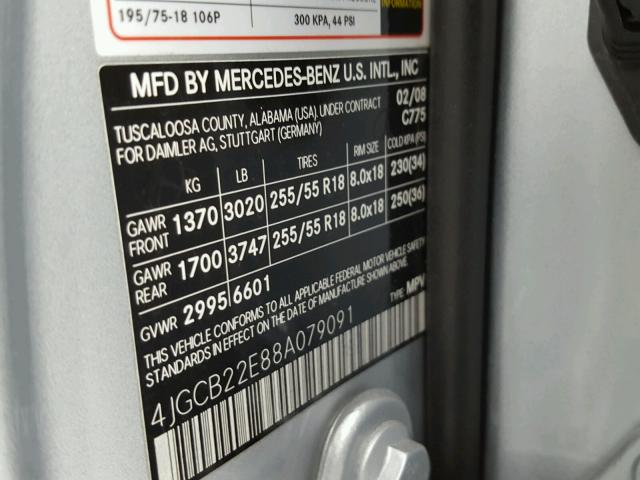 4JGCB22E88A079091 - 2008 MERCEDES-BENZ R 320 CDI SILVER photo 10