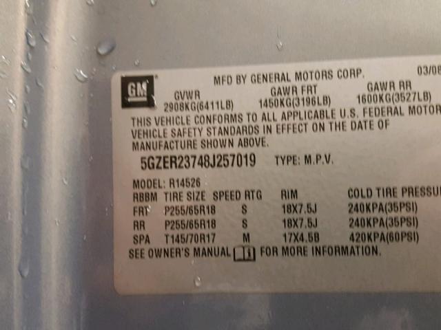 5GZER23748J257019 - 2008 SATURN OUTLOOK XR GRAY photo 10