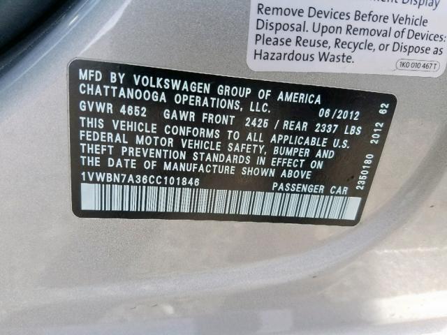 1VWBN7A36CC101846 - 2012 VOLKSWAGEN PASSAT SE SILVER photo 10