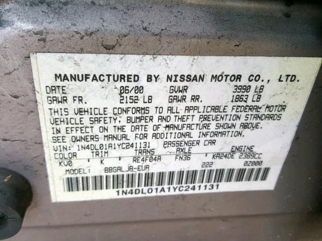 1N4DL01A1YC241131 - 2000 NISSAN ALTIMA XE BEIGE photo 10