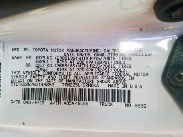 5TETX22N76Z149852 - 2006 TOYOTA TACOMA ACC Ақ фото 10
