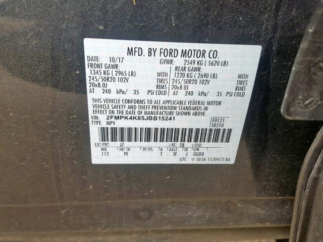 2FMPK4K85JBB15241 - 2018 FORD EDGE TITAN GRAY photo 10