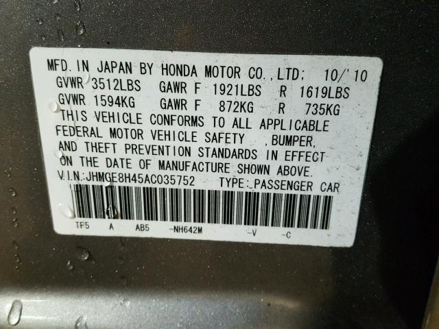 JHMGE8H45AC035752 - 2010 HONDA FIT SPORT GRAY photo 10