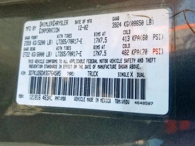 3D7KU26D03G764505 - 2003 DODGE RAM 2500 S Մոխրագույն լուսանկար 10