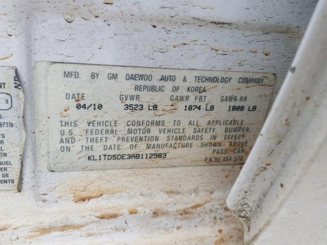 KL1TD5DE3AB112583 - 2010 CHEVROLET AVEO LS WHITE photo 10