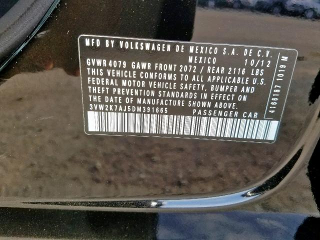 3VW2K7AJ5DM391665 - 2013 VOLKSWAGEN JETTA BASE 黑色 照片 10