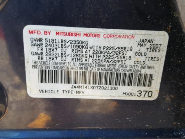 JA4MT41X07Z021300 - 2007 MITSUBISHI OUTLANDER BLUE photo 10