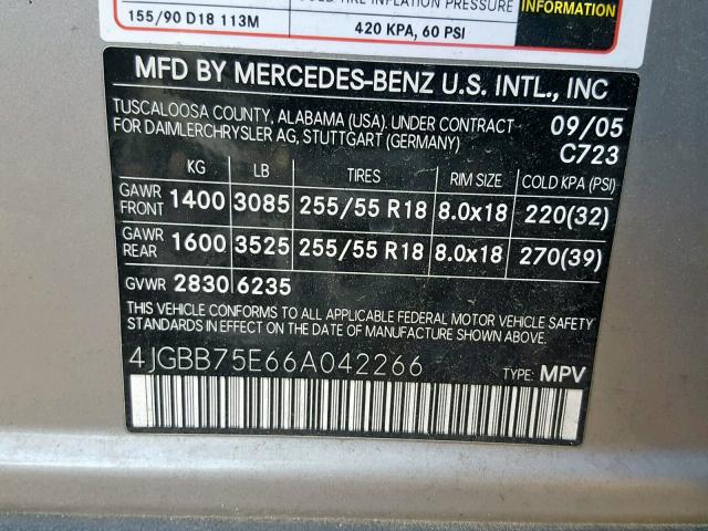 4JGBB75E66A042266 - 2006 MERCEDES-BENZ ML 500 TAN photo 10