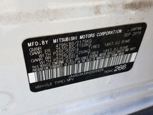 JA4AD3A3XHZ005629 - 2017 MITSUBISHI OUTLANDER WHITE photo 10