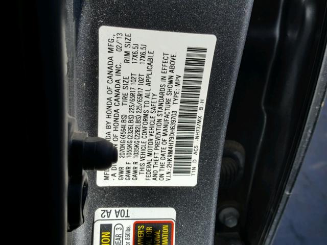 2HKRM4H79DH639703 - 2013 HONDA CR-V EXL GRAY photo 10