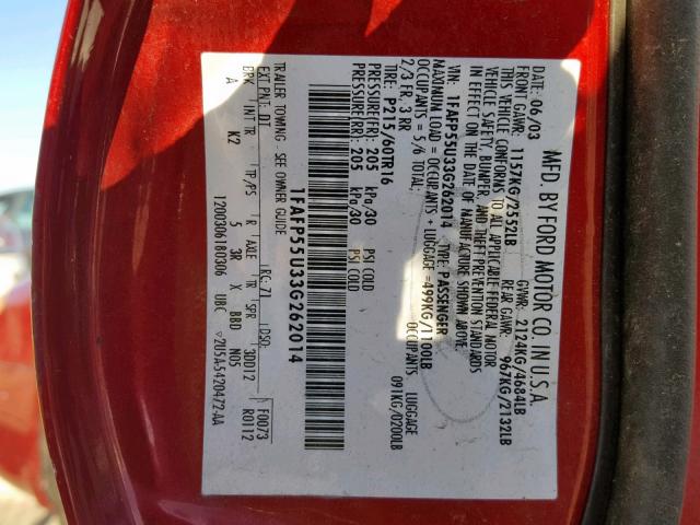 1FAFP55U33G262014 - 2003 FORD TAURUS SES RED photo 10