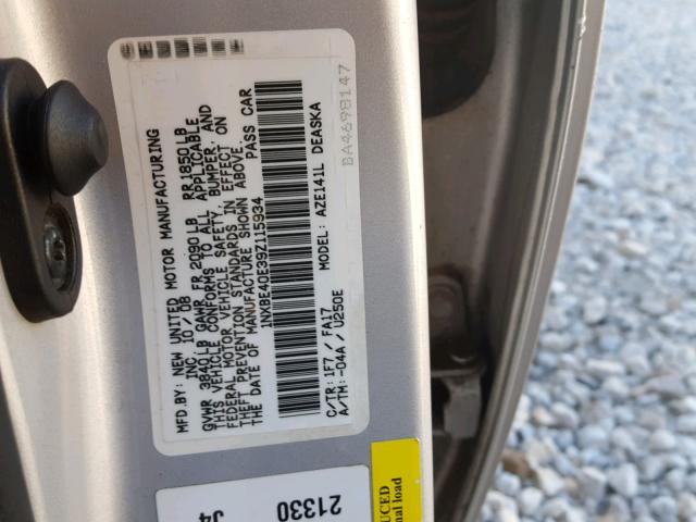 1NXBE40E39Z115934 - 2009 TOYOTA COROLLA XR SILVER photo 10