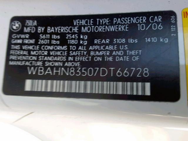 WBAHN83507DT66728 - 2007 BMW 750 WHITE photo 10