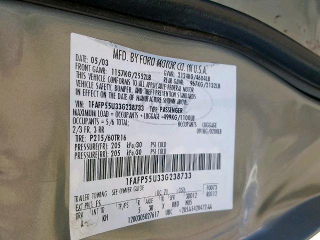 1FAFP55U33G238733 - 2003 FORD TAURUS SES GRAY photo 10