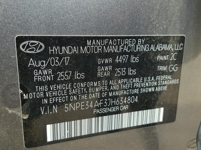 5NPE34AF3JH634804 - 2018 HYUNDAI SONATA SPO GRAY photo 10