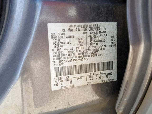 4F2CZ06193KM00375 - 2003 MAZDA TRIBUTE ES 灰色 照片 10