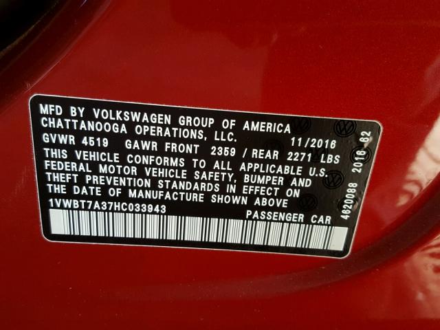 1VWBT7A37HC033943 - 2017 VOLKSWAGEN PASSAT SE RED photo 10