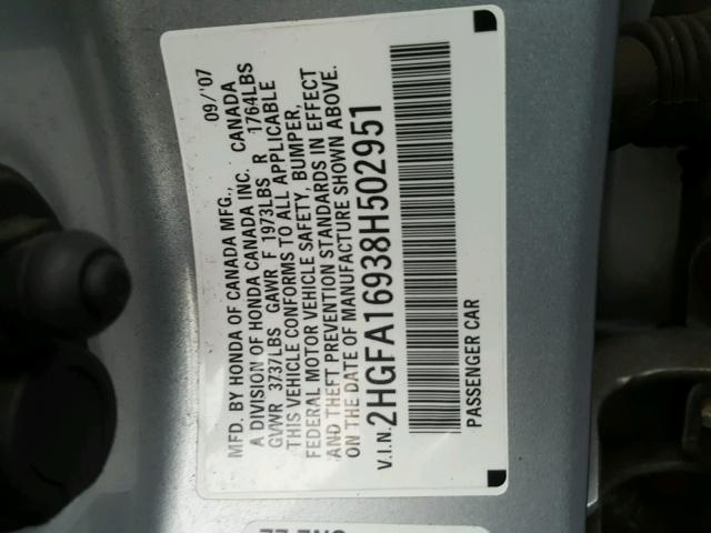 2HGFA16938H502951 - 2008 HONDA CIVIC EXL SILVER photo 10