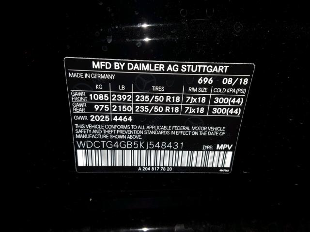 WDCTG4GB5KJ548431 - 2019 MERCEDES-BENZ GLA 250 4M BLACK photo 10