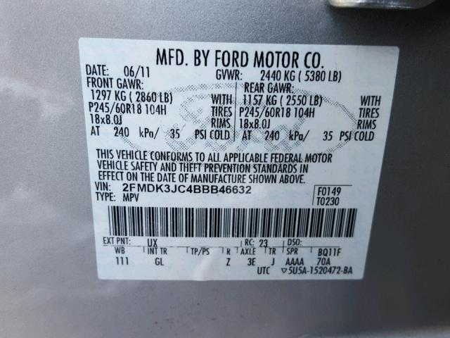 2FMDK3JC4BBB46632 - 2011 FORD EDGE SEL SILVER photo 10