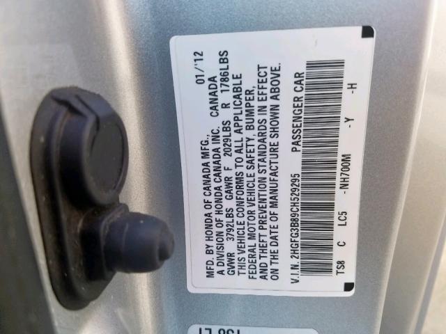 2HGFG3B89CH529295 - 2012 HONDA CIVIC EX SILVER photo 10