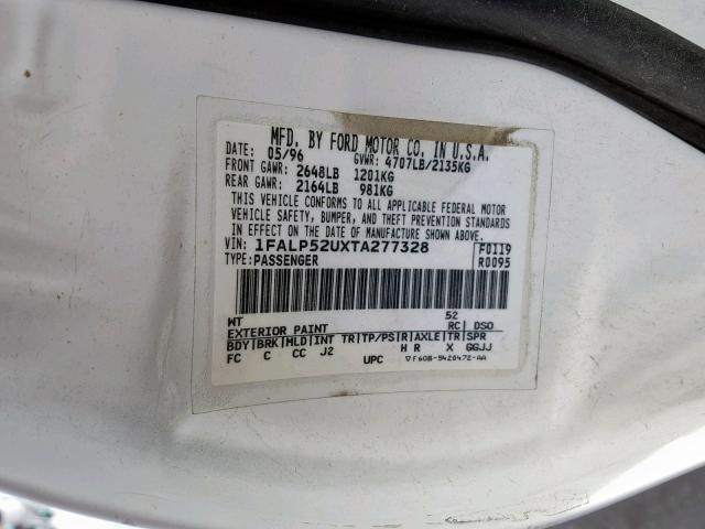 1FALP52UXTA277328 - 1996 FORD TAURUS GL WHITE photo 10