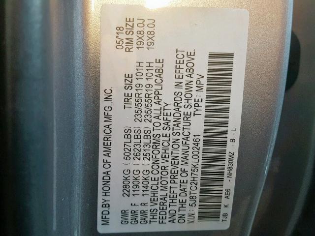 5J8TC2H75KL002461 - 2019 ACURA RDX SILVER photo 10