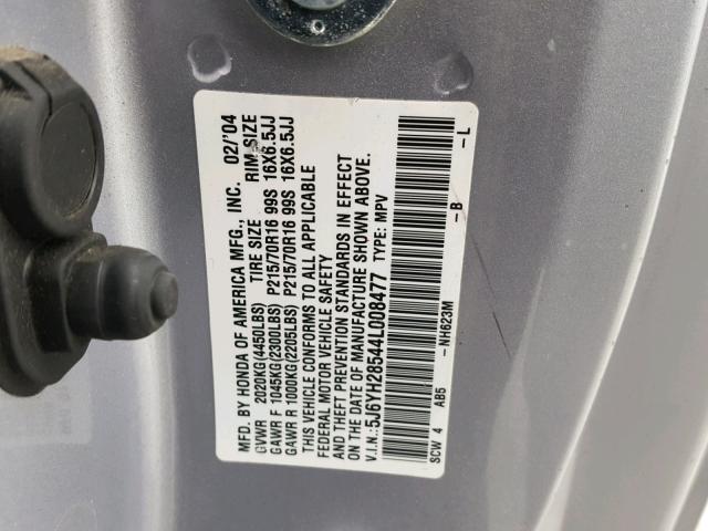 5J6YH28544L008477 - 2004 HONDA ELEMENT EX SILVER photo 10