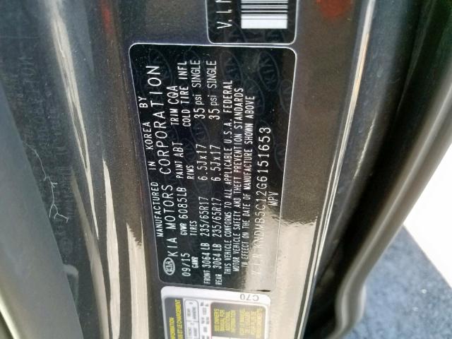 KNDMB5C12G6151653 - 2016 KIA SEDONA LX CHARCOAL photo 10