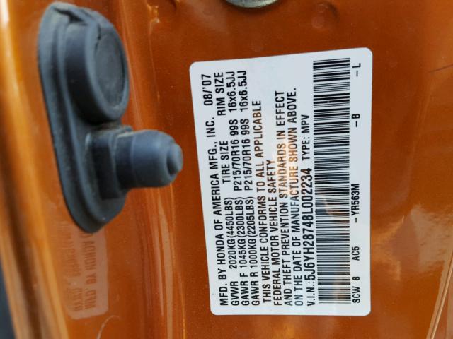 5J6YH28748L002234 - 2008 HONDA ELEMENT EX ORANGE photo 10