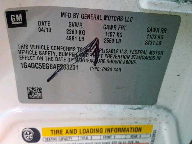 1G4GC5EG8AF283251 - 2010 BUICK LACROSSE C WHITE photo 10