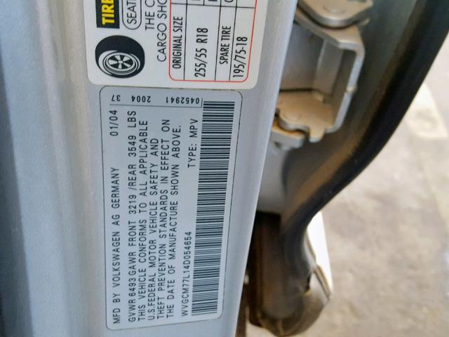 WVGCM77L14D054654 - 2004 VOLKSWAGEN TOUAREG 4. SILVER photo 10