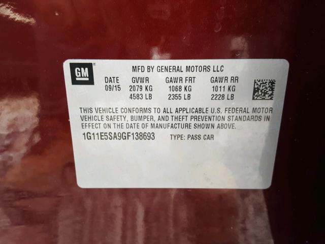 1G11E5SA9GF138693 - 2016 CHEVROLET MALIBU LIM 栗色 照片 10