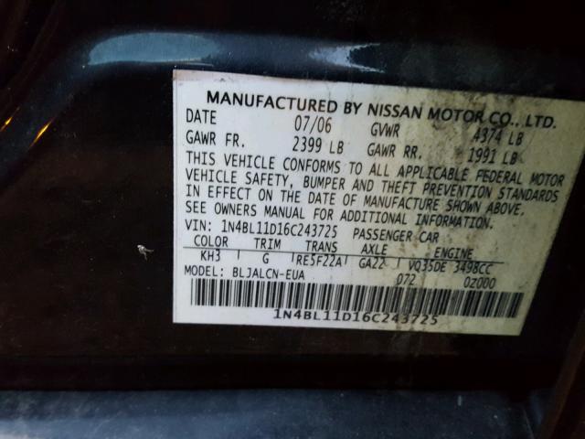 1N4BL11D16C243725 - 2006 NISSAN ALTIMA SE BLACK photo 10