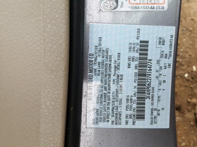 3FAHP06Z27R164774 - 2007 FORD FUSION S GRAY photo 10