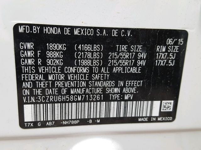 3CZRU6H58GM713261 - 2016 HONDA HR-V EX WHITE photo 10