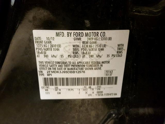 2FMDK3J95DBB12576 - 2013 FORD EDGE SEL BLACK photo 10