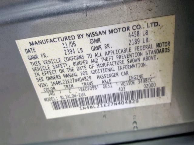 1N4BL21E27N404829 - 2007 NISSAN ALTIMA 3.5 GREEN photo 10