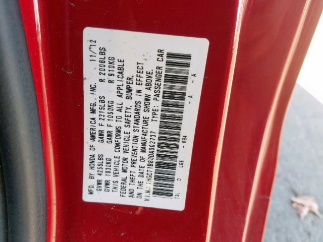 1HGCT1B80DA003737 - 2013 HONDA ACCORD EXL RED photo 10