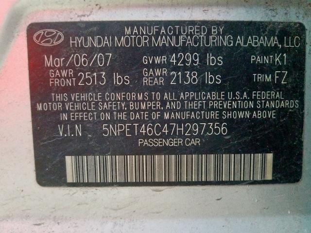 5NPET46C47H297356 - 2007 HYUNDAI SONATA GLS SILVER photo 10