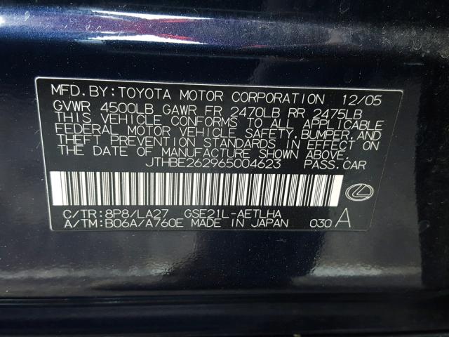 JTHBE262965004623 - 2006 LEXUS IS 350 BLACK photo 10