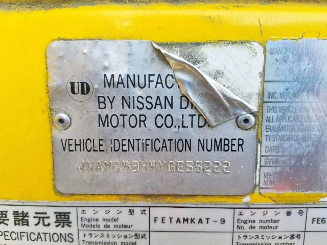 JNAMB43H4YGE55222 - 2000 NISSAN DIESEL UD2000 YELLOW photo 10