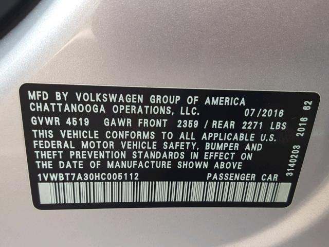 1VWBT7A30HC005112 - 2017 VOLKSWAGEN PASSAT SE SILVER photo 10