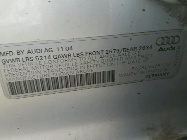 WAUDG74F15N072997 - 2005 AUDI A6 3.2 QUA SILVER photo 10