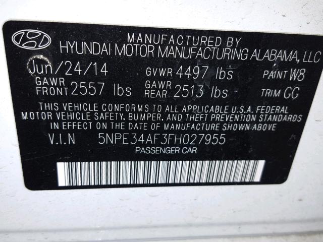 5NPE34AF3FH027955 - 2015 HYUNDAI SONATA SPO WHITE photo 10